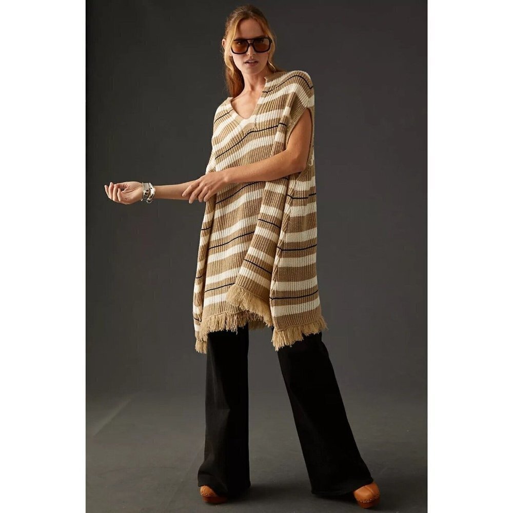 Zara Halo Brown Striped Sleeveless V Neck Fringed Hem Poncho Sweater Size S - Picture 9 of 10